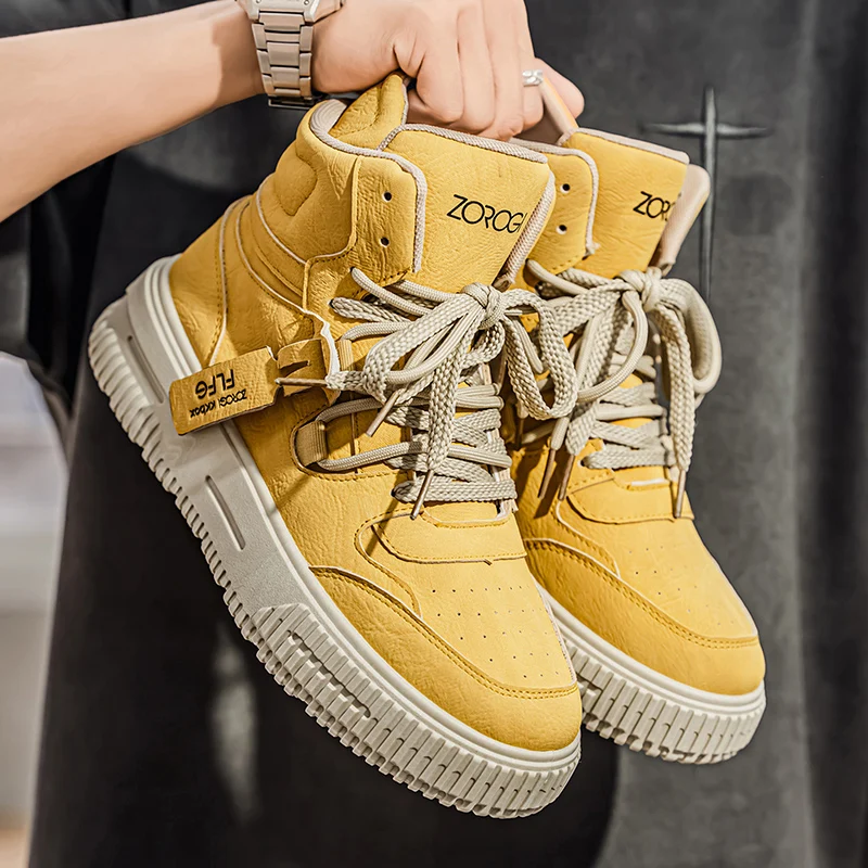メンズハイカットマーティンブーツ-冬2025-カジュアルレトロワークブーツ-厚底身長アップ-イエローレザー-レースアップ-ラウンドトゥ