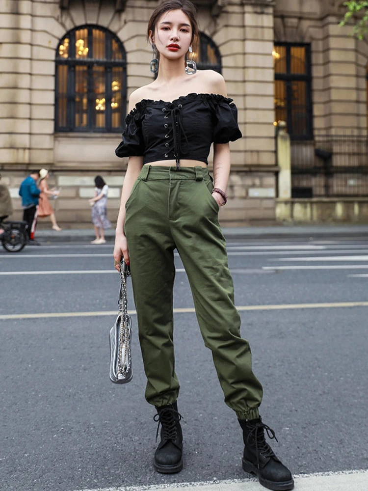 Vangull-女性用カジュアルアーミーカーゴパンツ,ハイウエスト,ゆったりとしたジョギング,ストリートウェア,ポケット,ジッパー,パンク