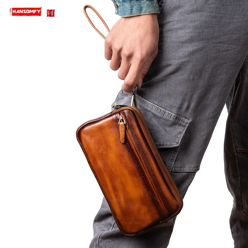 Leather Men Clutch Bag Large Capacity Men double zipper Wallets handbag Cell Phone Pocket card holder Long Purse Money Bags