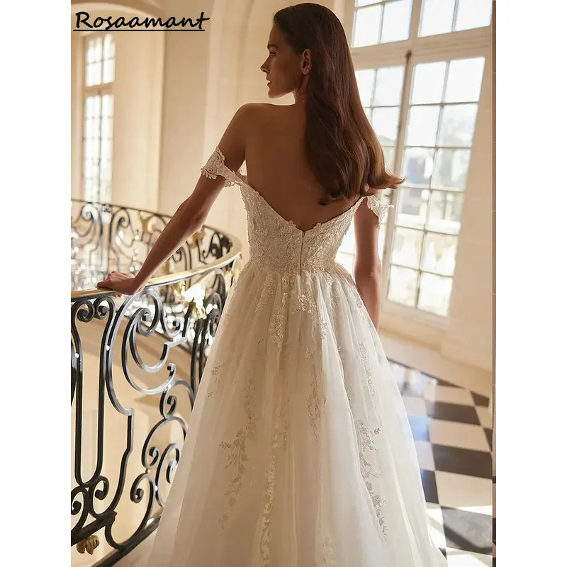 Gaun pernikahan bahu terbuka romantis gaun pengantin applique tanpa tidur gaun pengantin kustom Negara renda