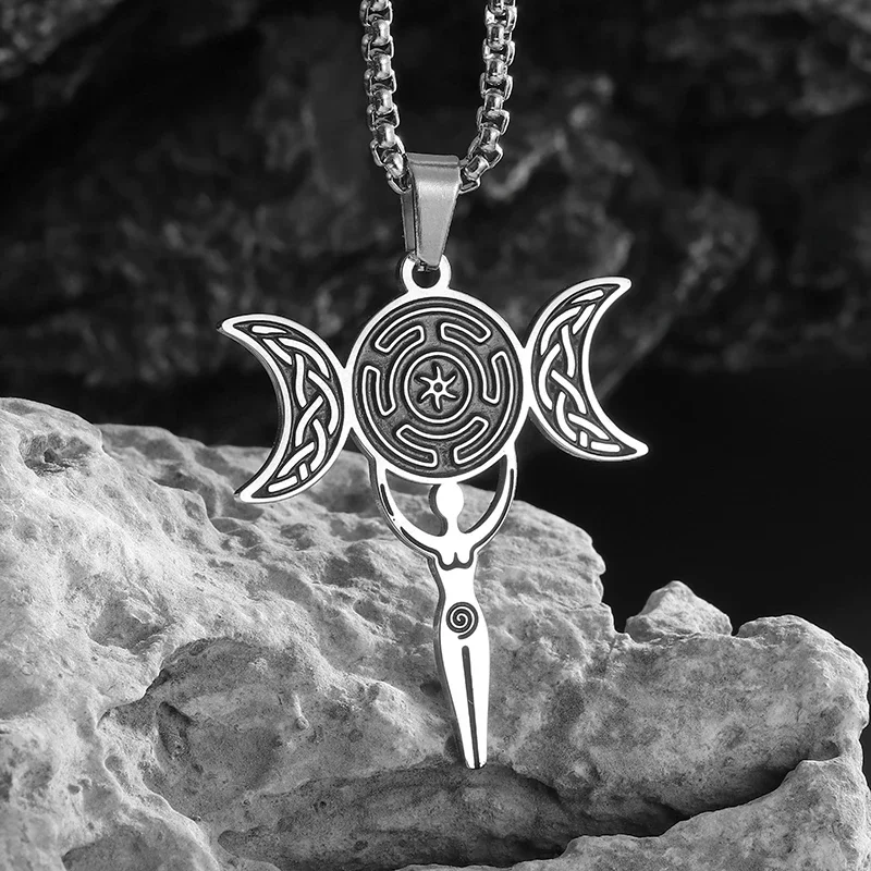 Stainless Steel Greek Triple Moon Goddess Necklace Wiccan Witch Knot Celtic Knot Pendant for Men Women Casual Jewelry