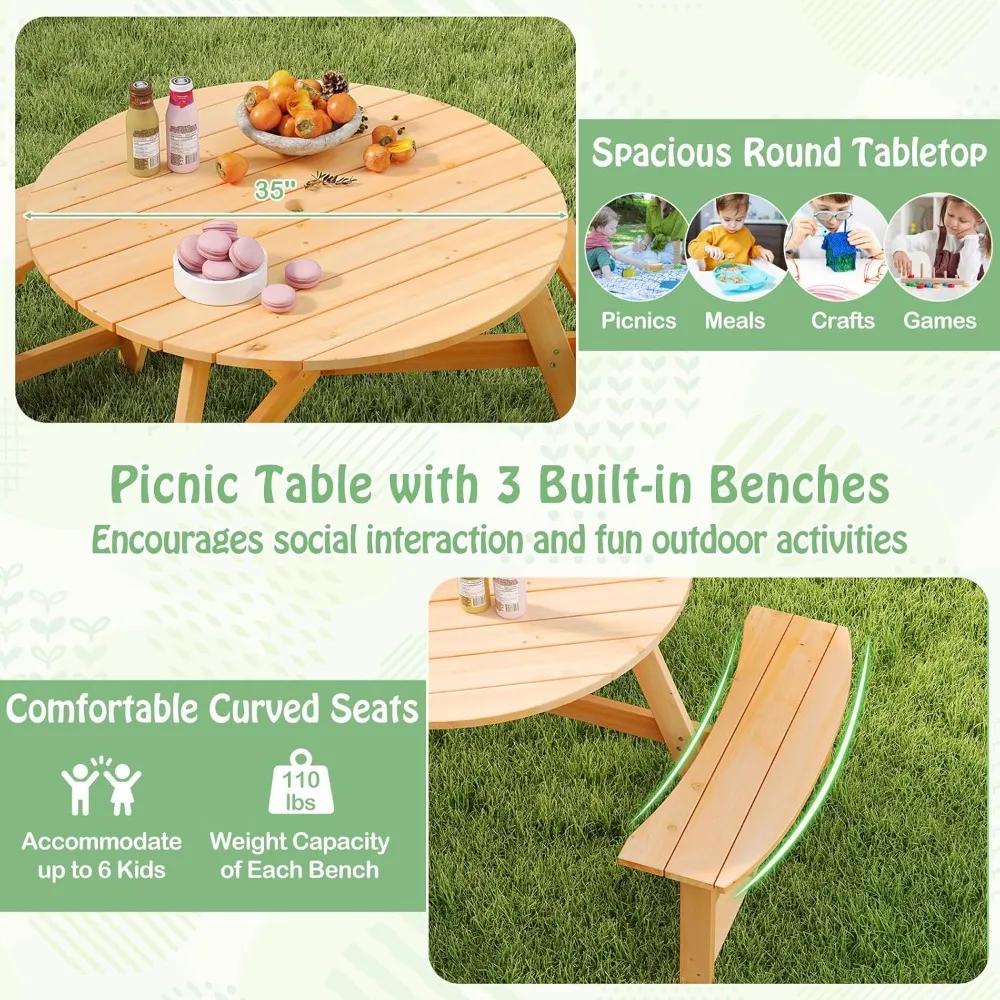Tavolo da picnic per bambini per 6 persone, panca circolare per bambini in legno di abete con 3 sedili incorporati e foro per ombrellone, mobili per bambini all'aperto