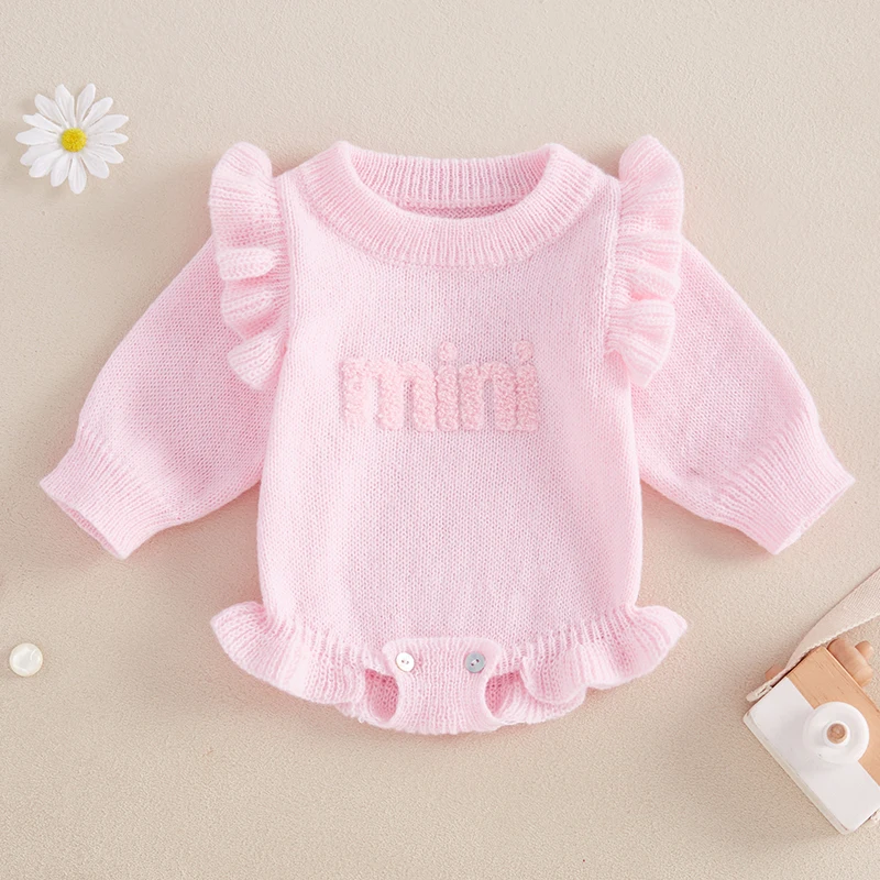 ma&baby 0-18M Newborn Infant Baby Girls Knit Romper Long Sleeve Letter Embroidery Jumpsuit Warm Winter Fall Clothing