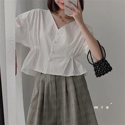 

Ele V-ne ort Sve irt Women's Faionable Top Waist-Cinching Design Breathable Casual Sle Summer irt