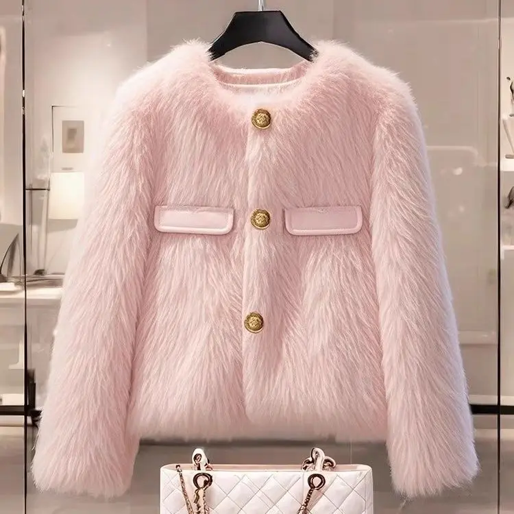 เสื้อโค้ทขนแกะสีชมพูน่ารักมีสไตล์สําหรับผู้หญิงในฤดูหนาวปี 2024 หนาด้วยกลิ่นหอมขนาดเล็กและแจ็คเก็ตผ้าฝ้ายที่อบอุ่น