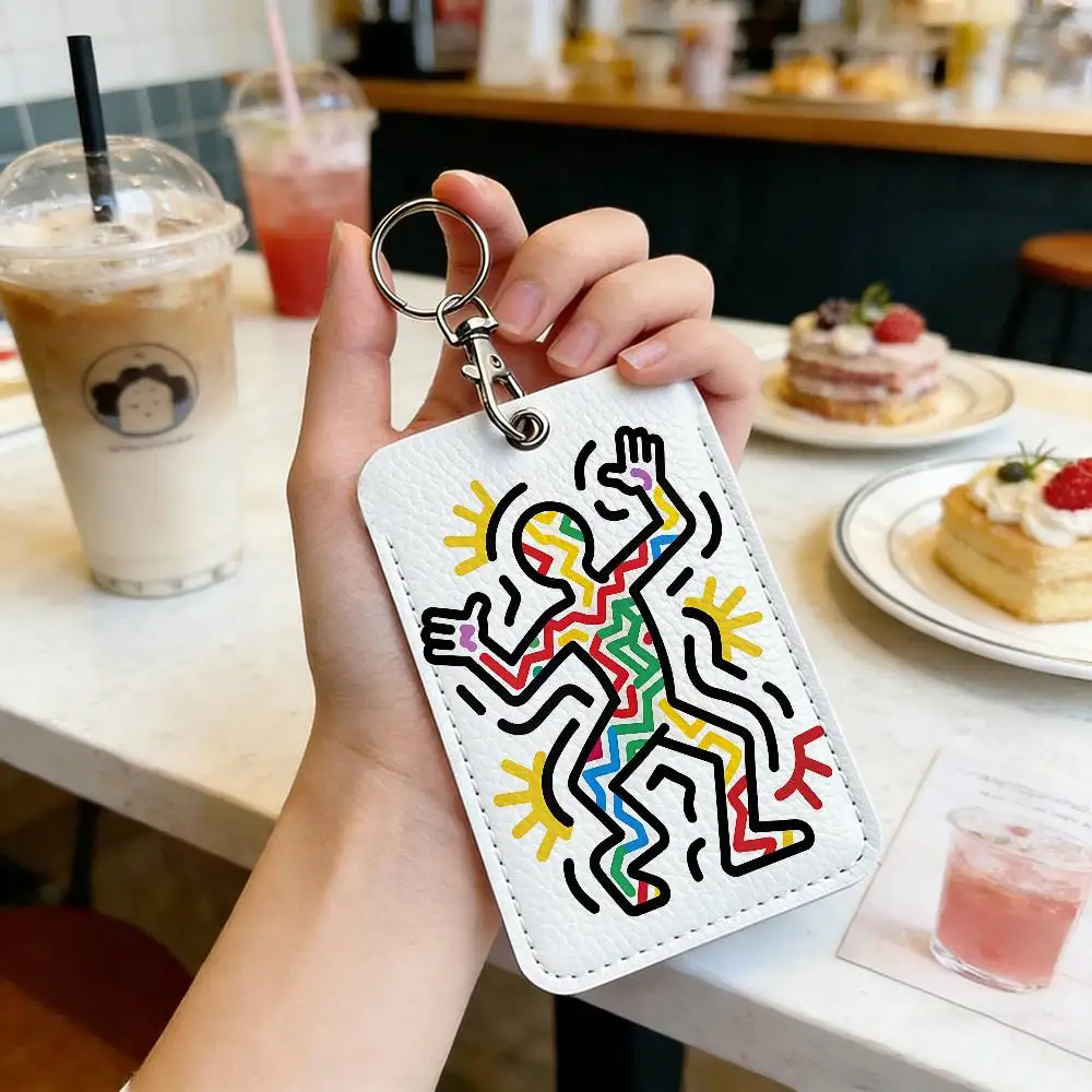 Pop Art K-Keith Haring Rectangle ID Card Case Keychain Access Card Bag Key Tag Ring Leather Card Holder Key Ring Access - view 3