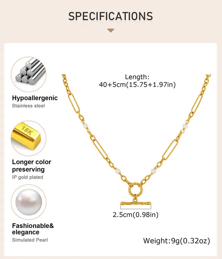 Perlen-Halskette mit Knebelverschluss, 18K IP-vergoldeter Edelstahl, Hypoallergener Büroklammer-Ketten-Schmuck – Detail 2