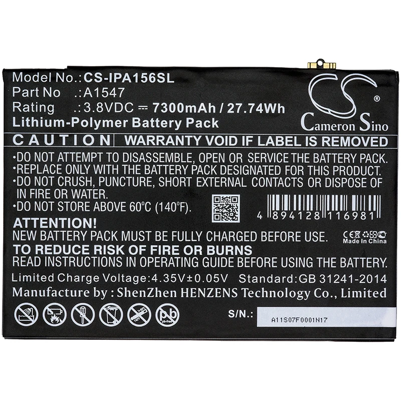 

Replacement Battery for Apple iPad Air 2 (6th Gen) 3.8V 7300mAh Li-Polymer A1547 A1566 A1567