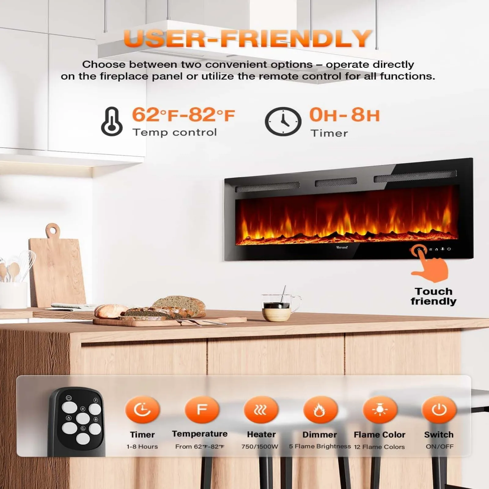 

Electric Fireplace Heater,Log Set/Crystal Flames 750-1500W with Timer Inserts/Wall Mounted/TV Stand Touch Screen & Remote