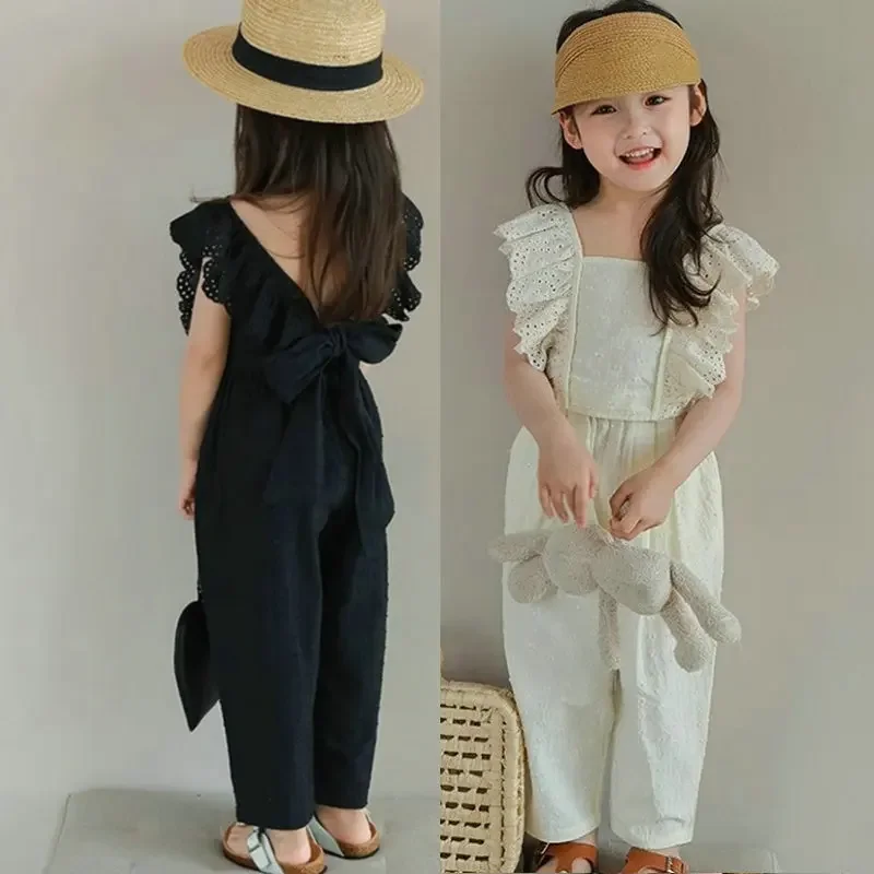 

Girls' Clothing Set Hollow Lace Flying Sleeves Top+Cropped pants Summer New Solid Color Minimalist Temperament Children's Set