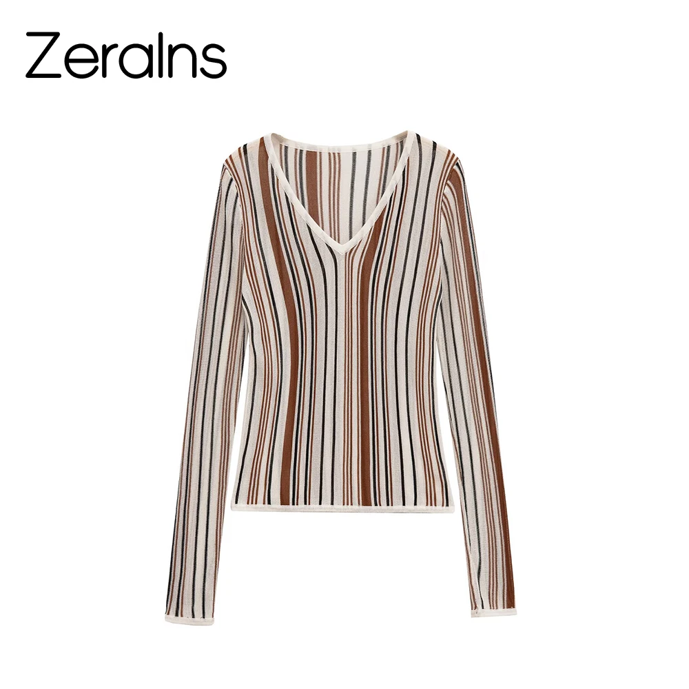

ZERAINS 2025 autumn new women's casual temperament simple linen blend V-neck long sleeved knitted sweater