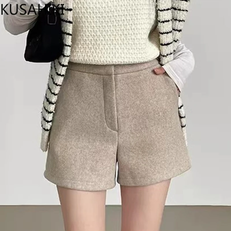 KUSAHIKI Korean Chic Autumn Winter High Waist Versatile Slimming Thick Casual Shorts Woolen Wide Leg Short for Women