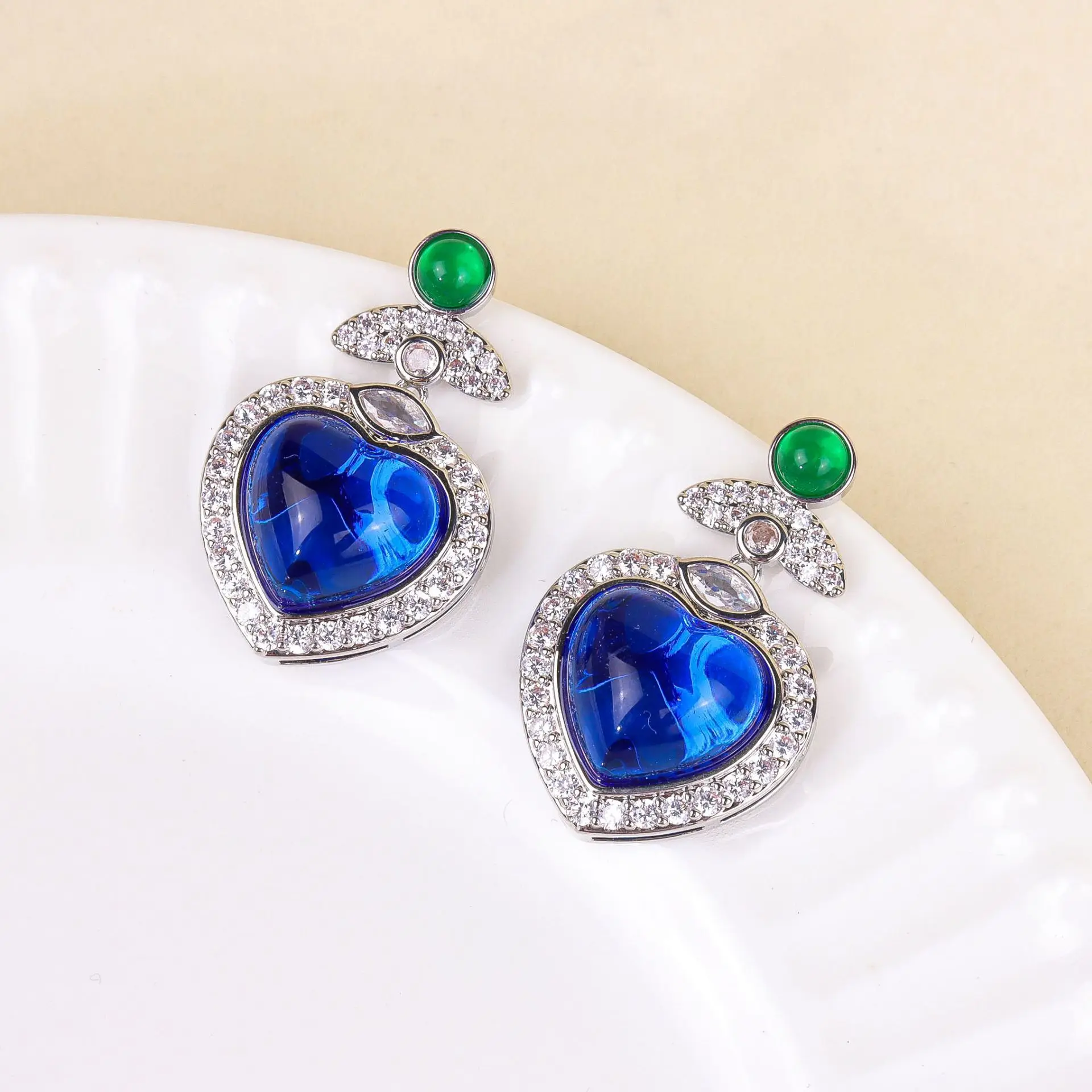 

Heart Shaped Blue Gemstone Dangle Earrings with Green Cabochon Rhinestone Pave Sparkling Statement Jewelry for Women Party Gift