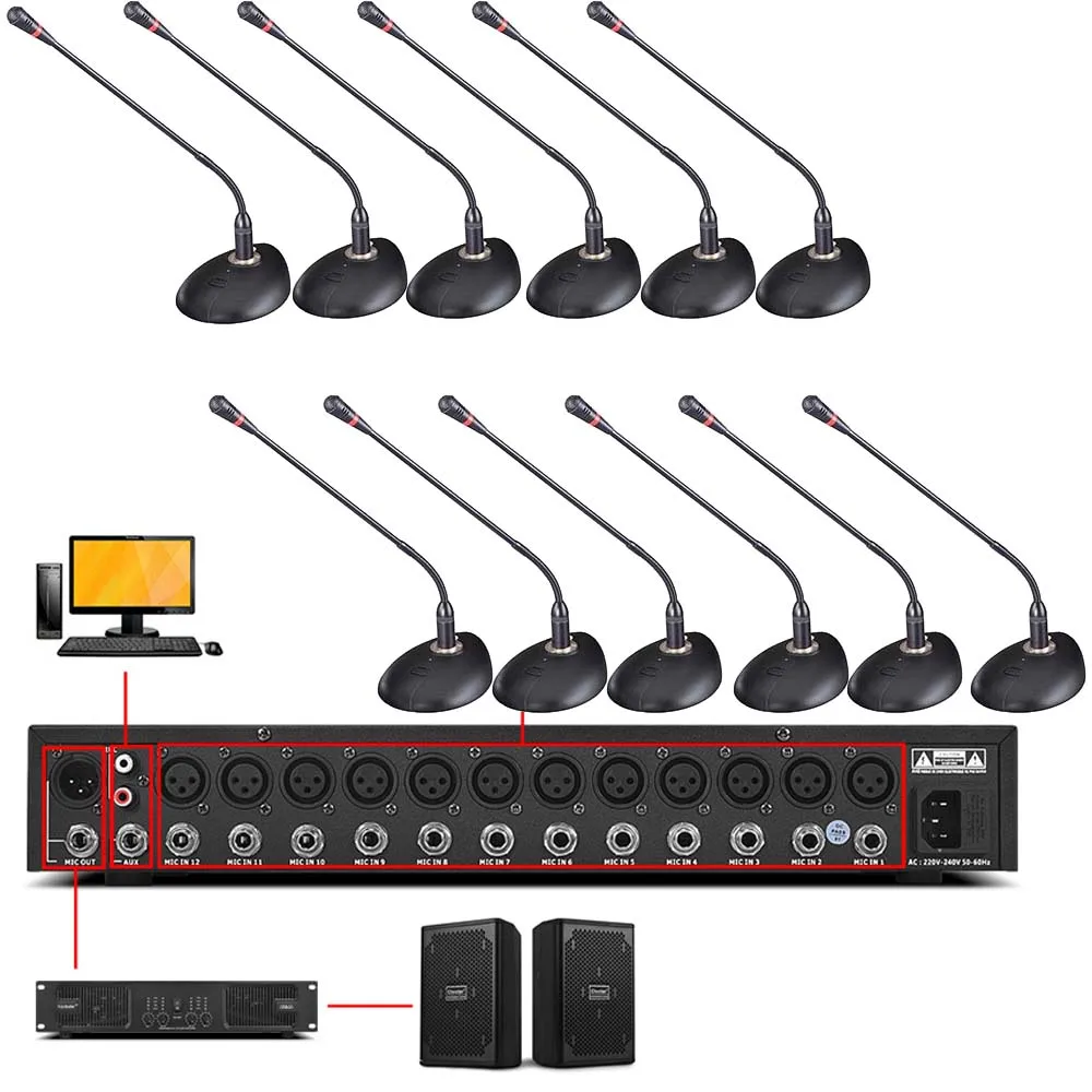 

Pro 12 Channel XLR 48V Phantom Power Controller with 12 Wired Gooseneck Table Microphone Audio Hub Controller Mixer Conference