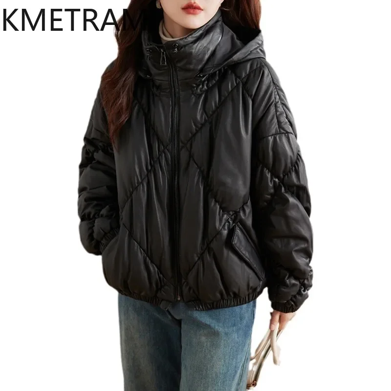 White Goose Down Puffer Jacket Women Natural Sheepskin Short Down Coats with Hood 2024 Winter Fashion Womans Clothing пуховик