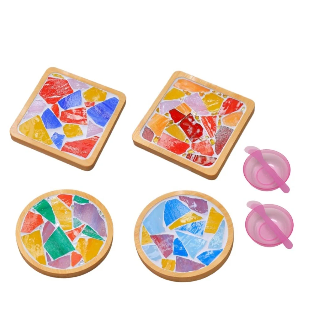Complete Mosaic Coaster Kit 4 Sets Wooden Boards Colorful Glass Tiles for Home Interior 9x9cm Square 9.5x9.5cm Round