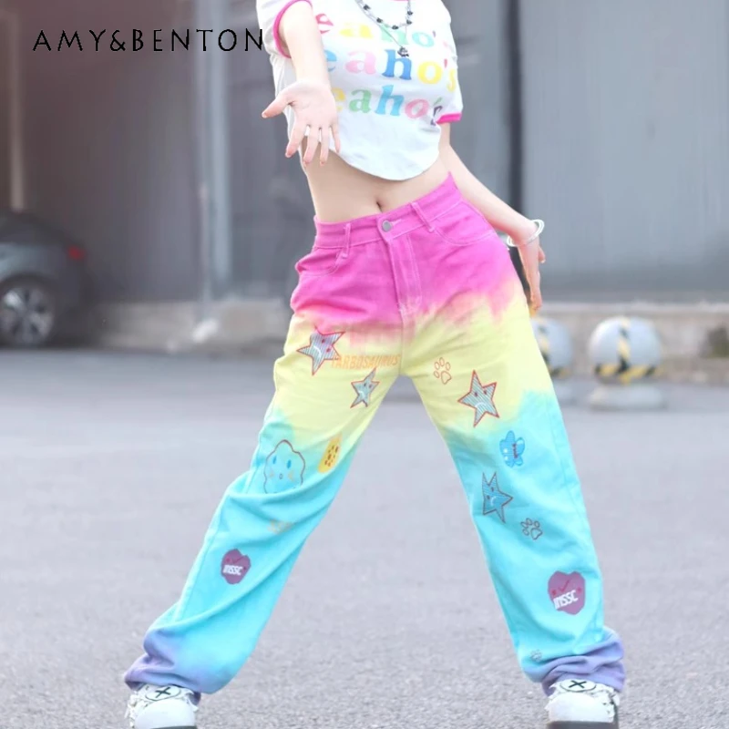 

Original Tie-dye Multi-color Rainbow Women's Denim Trousers Summer New High-waisted Loose Straight College Mopping Pants Ladies