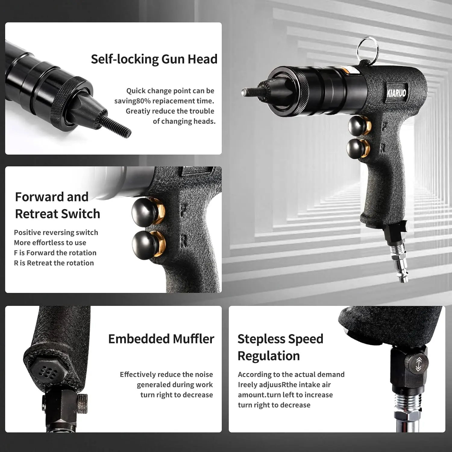 Rivet Nut Gun with Self-locking Head Gun 1/4 & 5/16 & 3/8 Mandrels,Industrial Grade Adjustable Speed Pull Rivnut Gun M