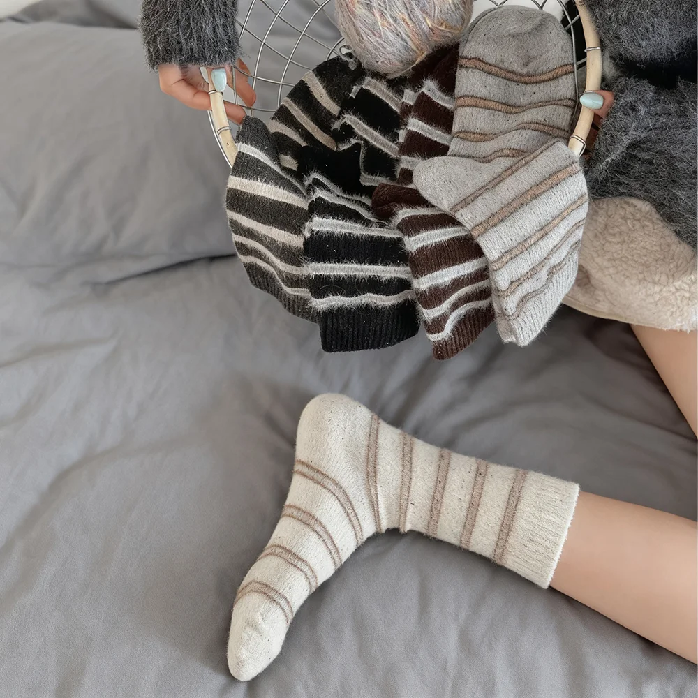 

Полосатые носки с цветными блоками, шерстяные носки до середины икры для женщин, осенние и зимние теплые хлопковые носки в горошек