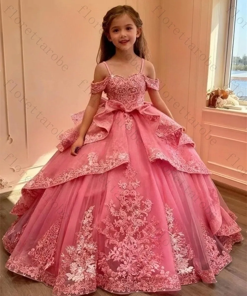Customized Hot Pink Cold‑Shoulder Girls Pageant Ball Gown Spaghetti Strap Lace Embroidery Big Bow Tiered Skirt Wedding Birthday