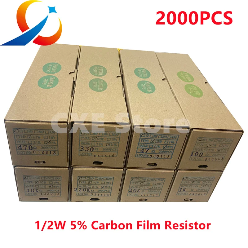 2000PCS Carbon Film Resistors 1/2W 5% 0.1R/1R/2R/3R/4.7R/5.6R/10R/47R/100R/120R/330R/470R/560R/1K/2.2K/3K/4.7K/10K/20K/220K NEW