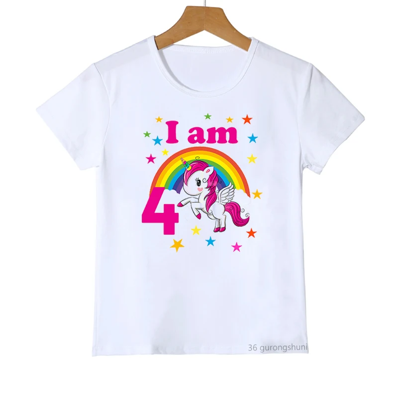 Camiseta con estampado de número de cumpleaños de unicornio arcoíris para niñas, ropa de fiesta de cumpleaños para niños, camisetas para bebés, 1-8