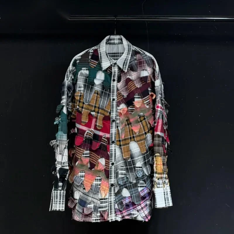 Niche Design Patchwork Patterned Men Shirt Trendy Loose Long-sleeve Casual Tops 2026 Summer New Lapel Shirts ZS56