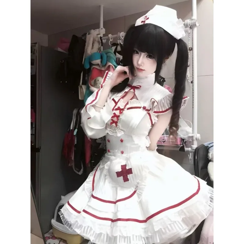 Japanese Lolita Sweet 2 Piece Set Women Bow Puff Sleeve Ruffle Layered Design Nurse Kawaii Harajuku Cosplay Party Daily Outfits view 2