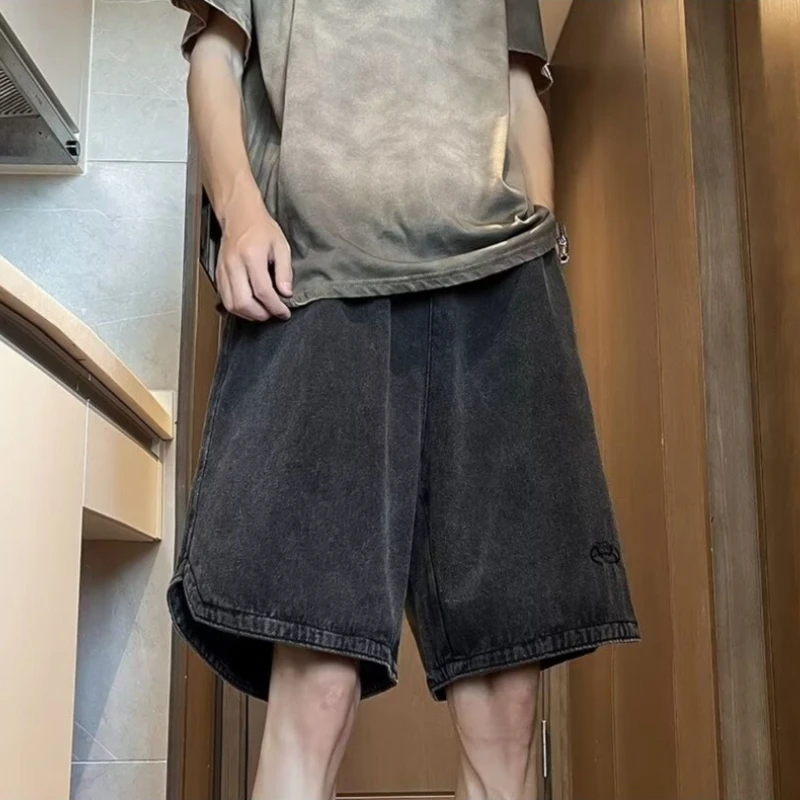 2026 Trendy Men's Washed Denim Shorts Summer Loose Fit Casual Breathable Mid Length Vintage Blue