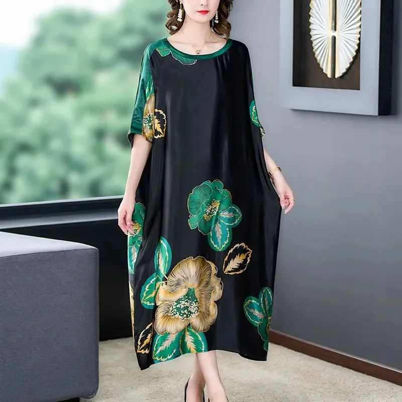 5XL Light Luxury Dress Summer Loose Size Hidden Meat Covering Belly True Quality Silk Smooth Silk Draping Breathable Long Dress