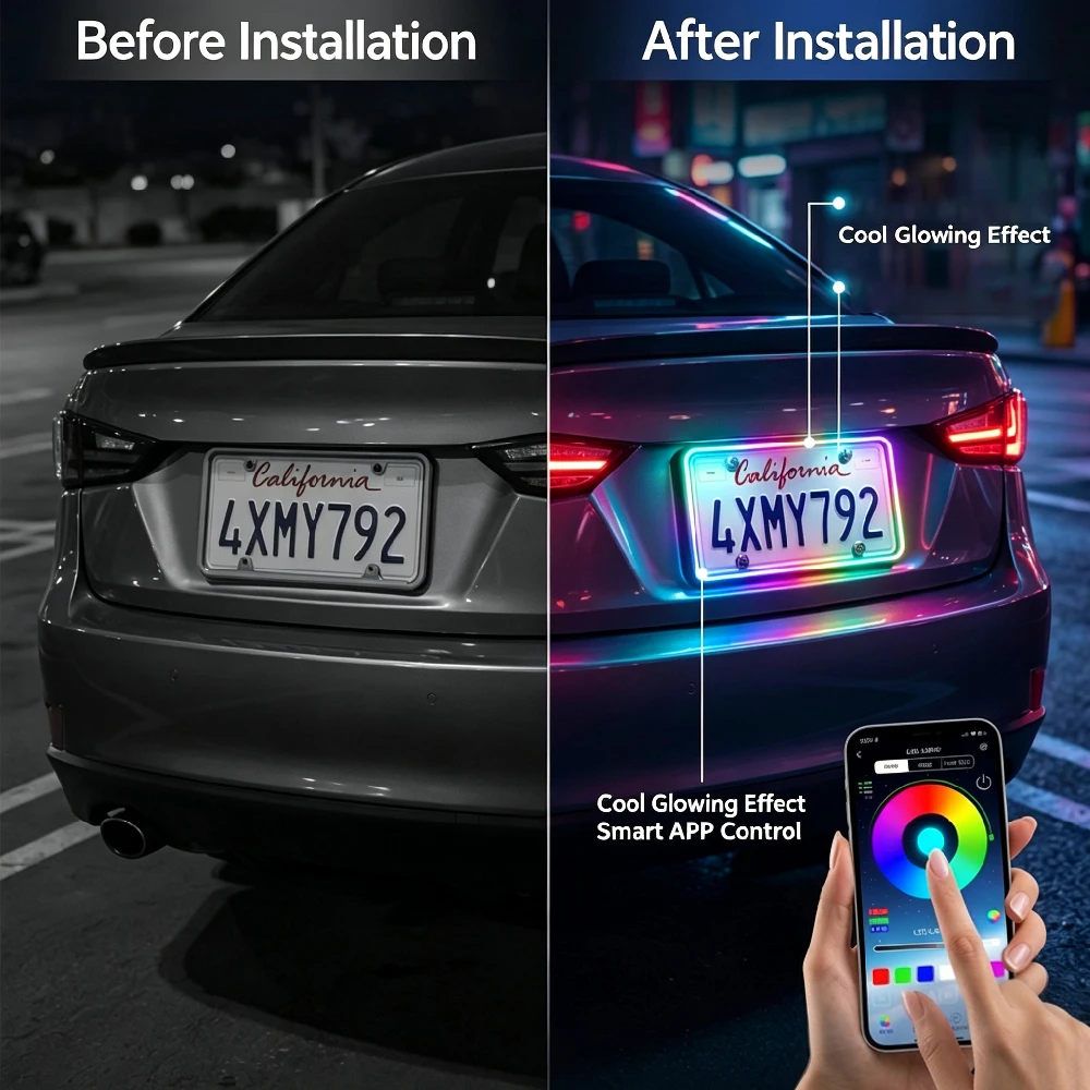 RGB Edge Glow LED Car License Plate Frame, APP Control Multi-Color Changing Neon Light, Brake Flash Safety Warning, Waterproof