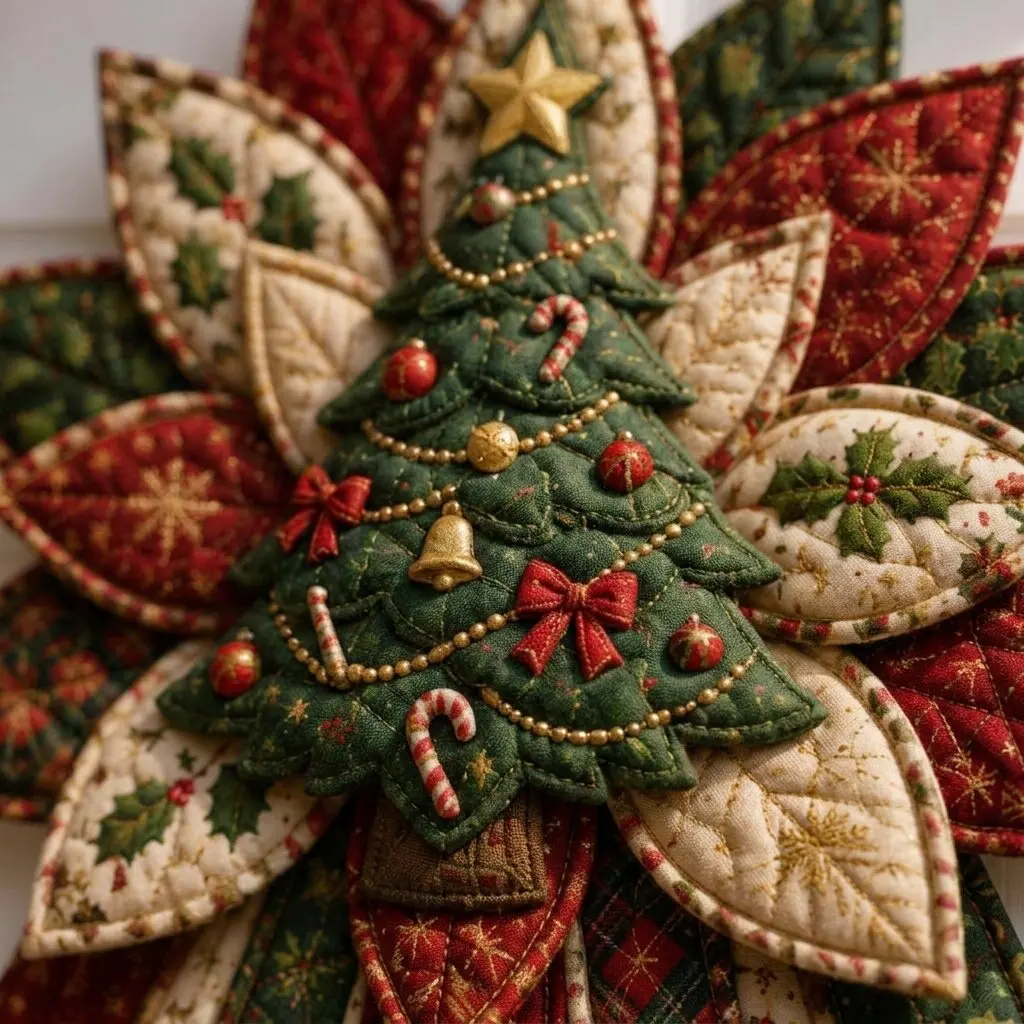Classic Quilted Christmas Wreath Tree Pattern Front Door Swag Traditional Winter Flower Garland Wall Hanging Unit