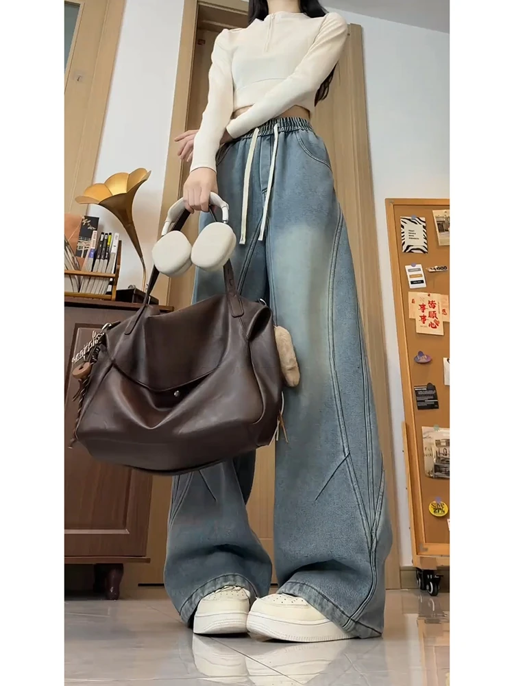 

Blue Fce Lined Straight Leg Jeans Men Women Sle Autumn Winter Youth Trendy Patchwork Denim Pants Casual Straight Tube
