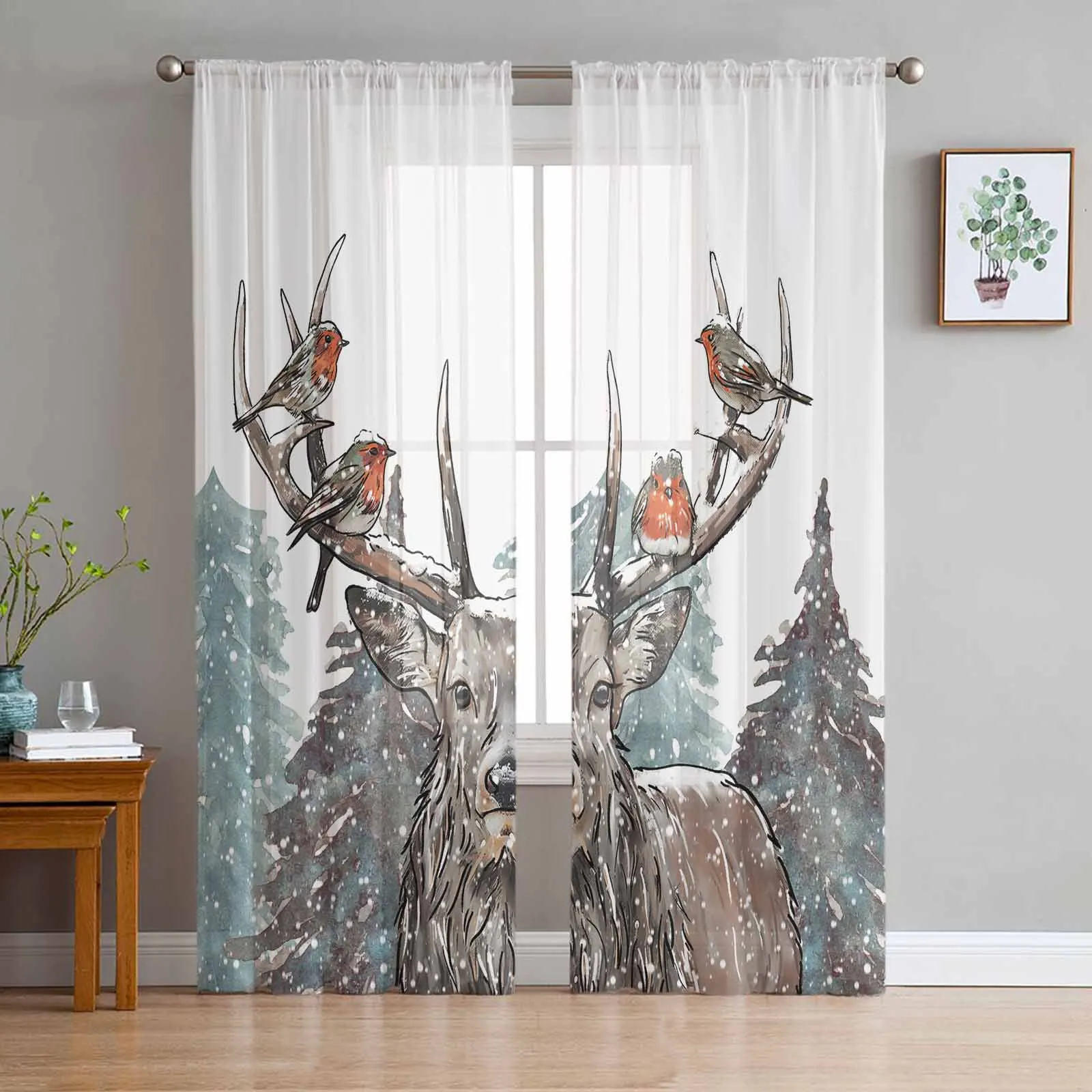 

Christmas Snow Scene Hand Painted Deer Window Tulle Curtains for Living Room Kitchen Christmas Home Decor Sheer Voile Curtains