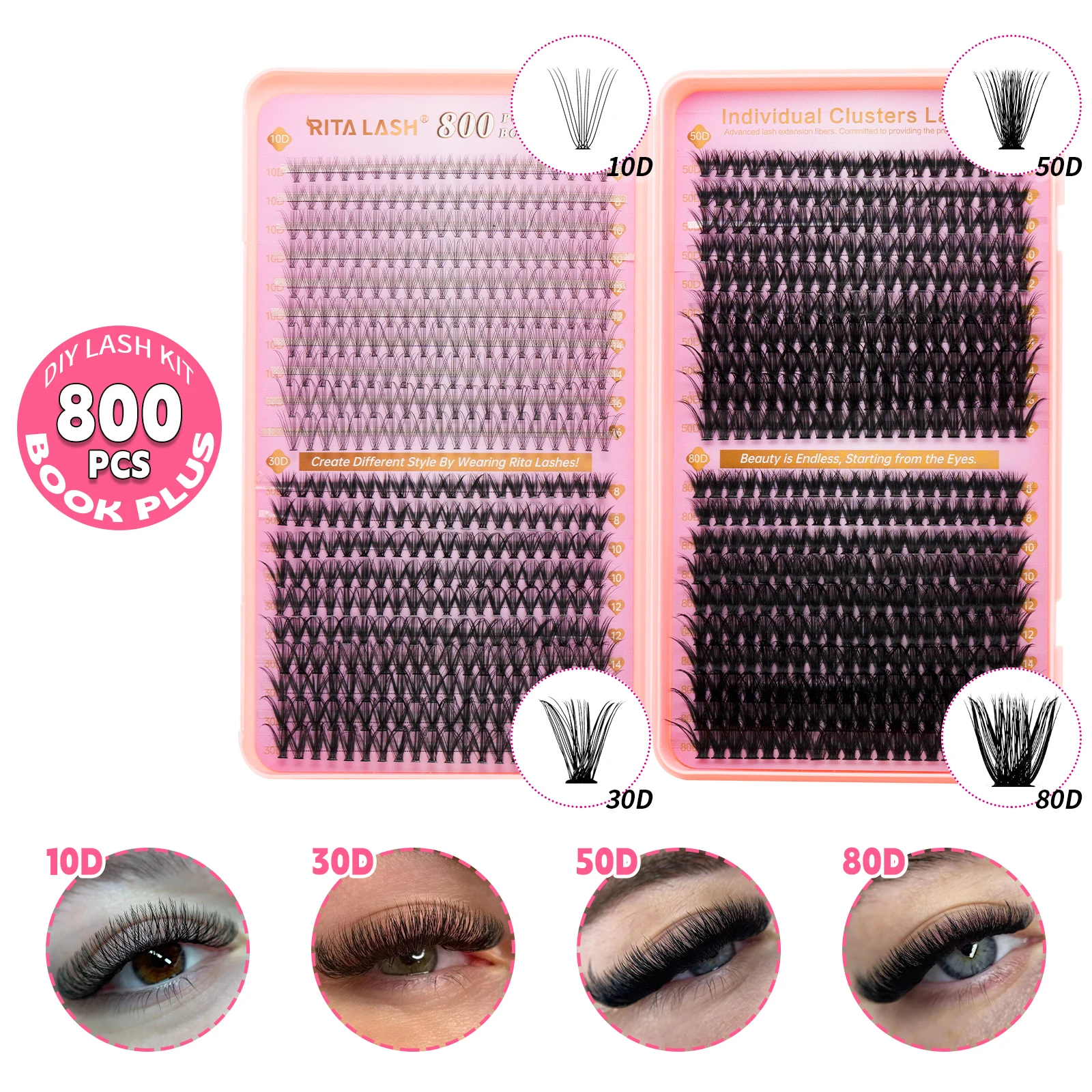 RITALASH 800PCS Cluster Lash book DIY Eyelash Extensions D Curl Long Individual Lashes Mixed Tray Lash Clusters Extensions