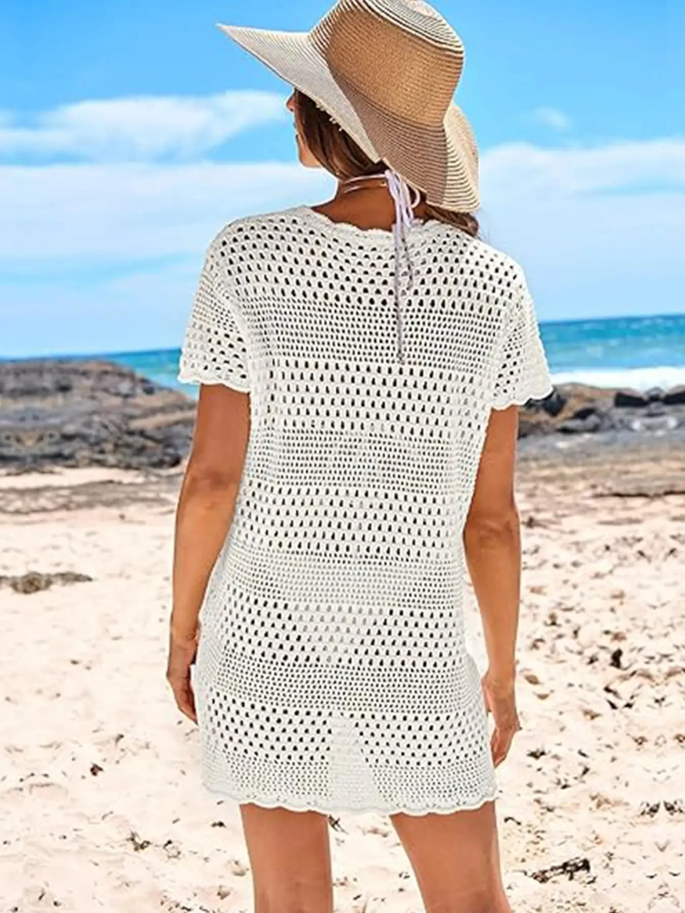 Women Swimsuit Crochet Swim Cover Up Summer Bathing Suit Swimwear Knit Short Sleeve Pullover Beach Dress