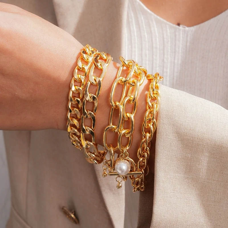 Gold Layered Chain Bracelet Set with Pearl Toggle Clasp Chunky Stackable Cuff for Women Office Party Beach Jewelry