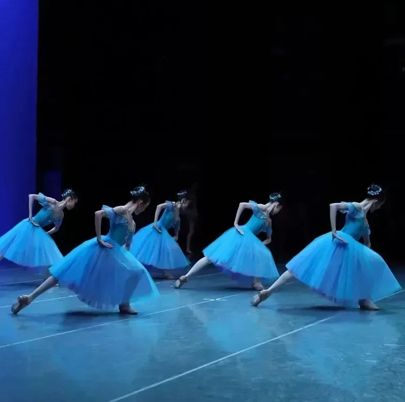 Vestido de Ballet largo y romántico para niña, tutú azul, ropa de actuación, disfraz de Hada, Lago de los cisnes