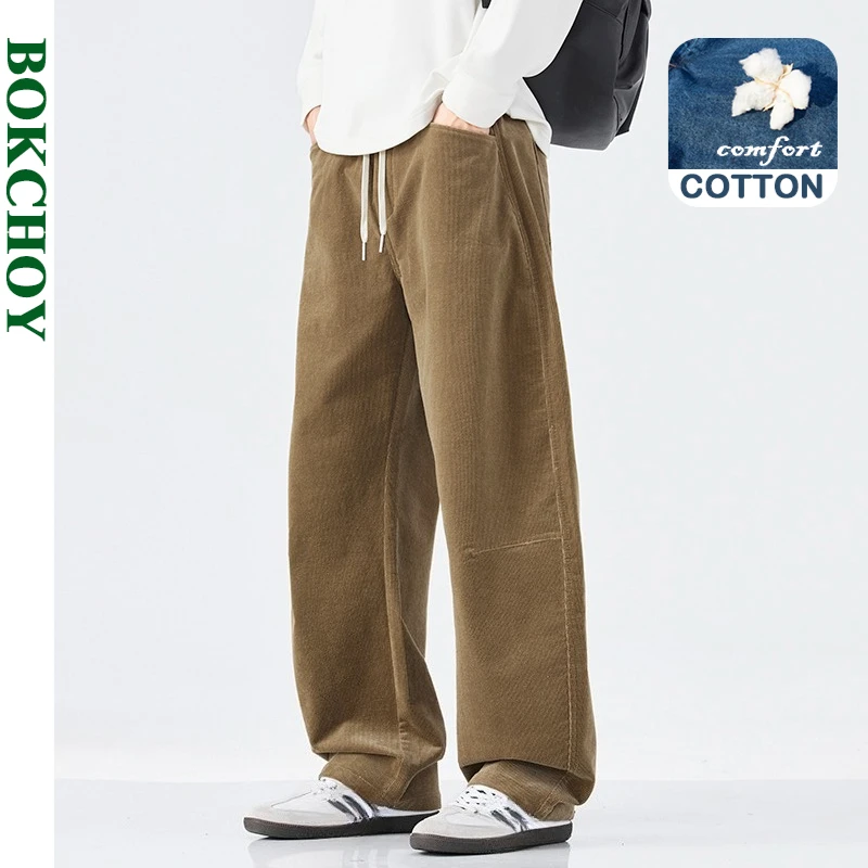 Autumn New Vintage Corduroy Soft Cotton Straight Trousers for Men Clothing Drawstring Solid Color Versatile LX5057