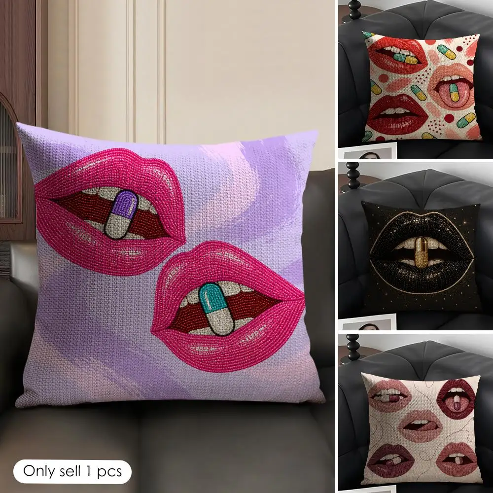 Chill Pill Lips Pop Art Cushion Cover Skin-Friendly Organic Linen Pillow Cover Durable Hypoallergenic Washable Soft