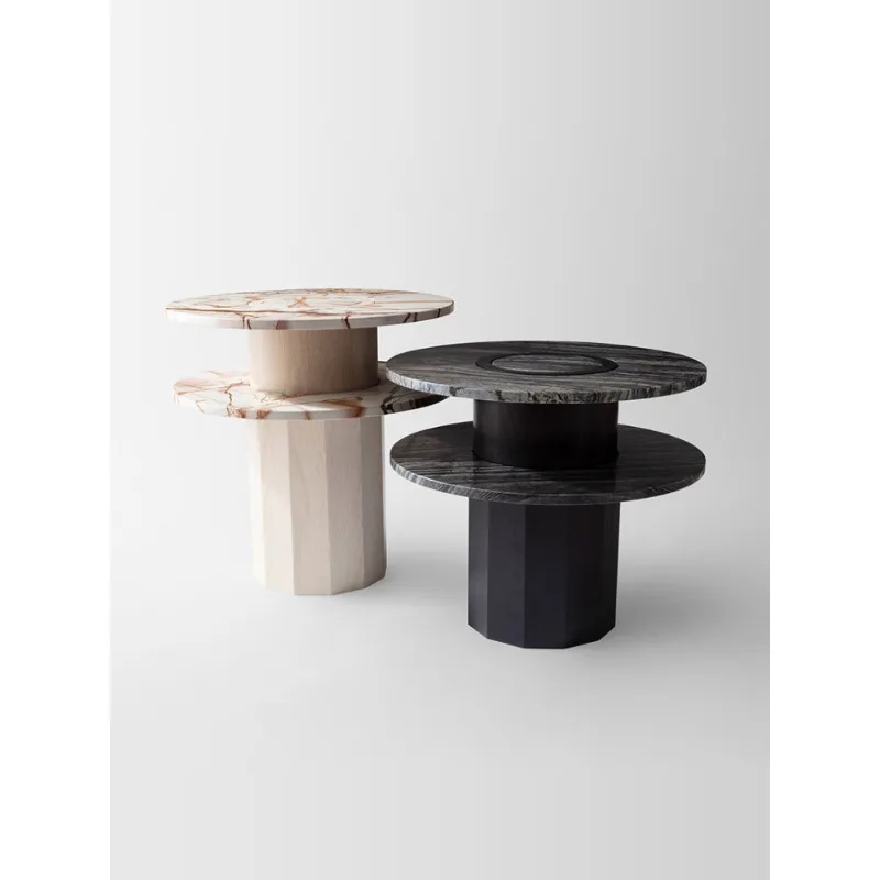 Wabi Sansan natural marble high-end coffee table round double-layer solid wood edge table small apartment household round table
