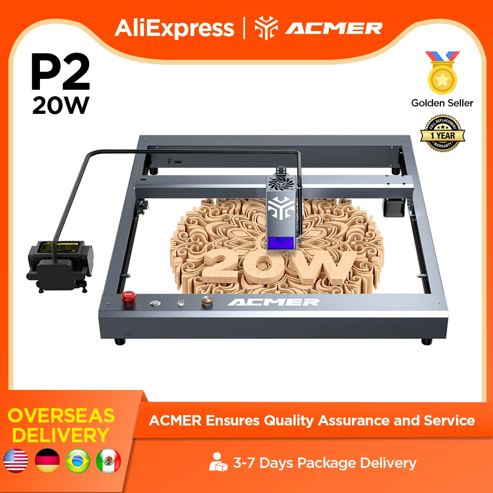 ACMER P2 20W Laser Engraver Cutting Machine Automatic Air Assist CNC 455±5nm Blue Light High Speed Laser Cutting Machine Wood