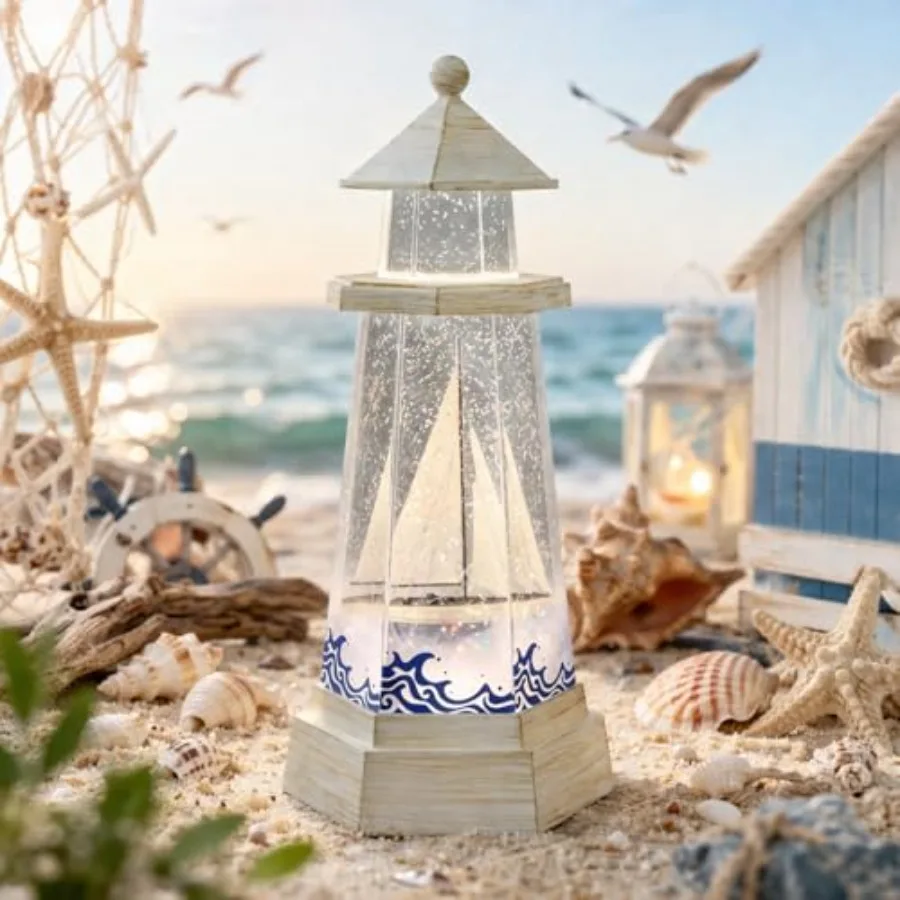 Lámpara de Mesa Náutica Decorativa con Luz LED Acrílica, Diseño de Faro Giratorio con Destellos en Movimiento, Funciona con Pilas, 3 Unidades