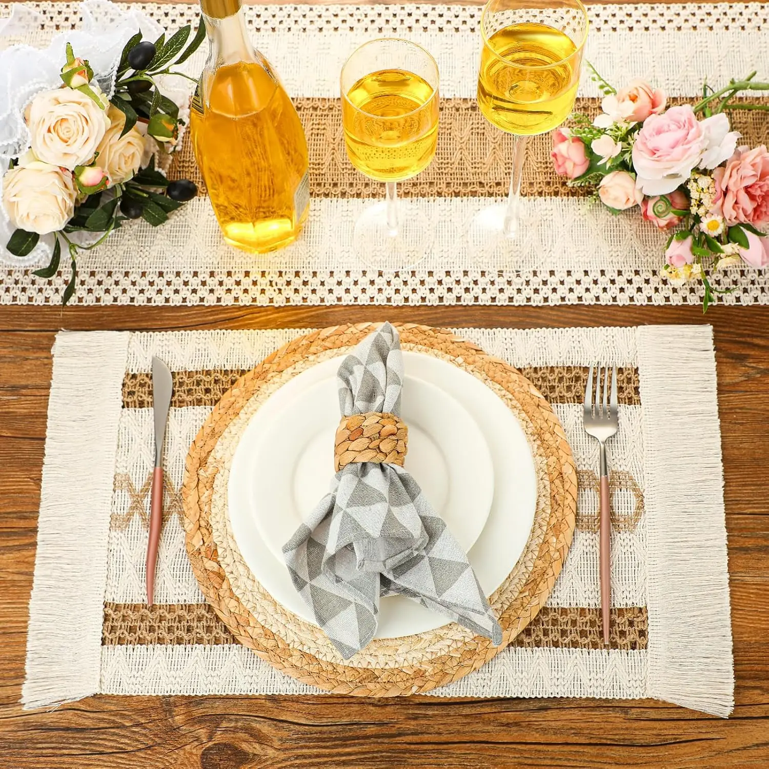 19 Pcs Boho Table Runner Placemat and Set Table Runner with Tassels 11.8 x 106.3 Inch Farmhouse Wedding Dining Desk Decoration