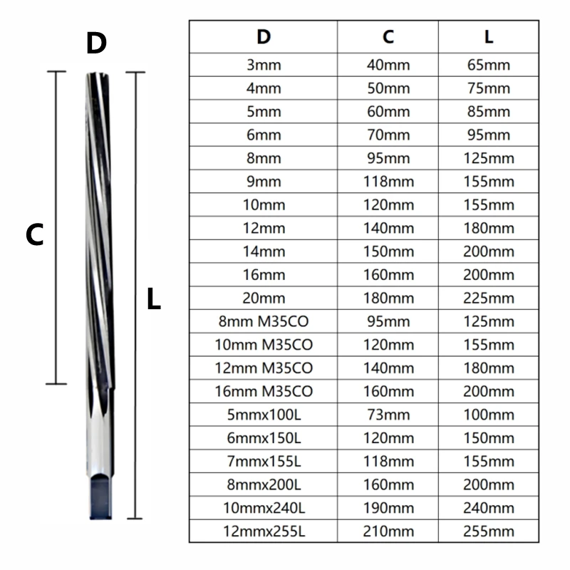 1:50 spiralny rozwiertak ręczny HSS M35 CO D3mm/4mm/5mm/6mm/7mm/8mm/9mm/10mm/11mm/12mm/14mm/16mm/18mm/20mm narzędzia CNC obrabiarka