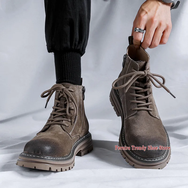 

Осенне-зимние мужские мотоциклетные ботинки в стиле ретро, плюшевые короткие ботинки на молнии, модные повседневные высокие туфли на толстой подошве, большие размеры