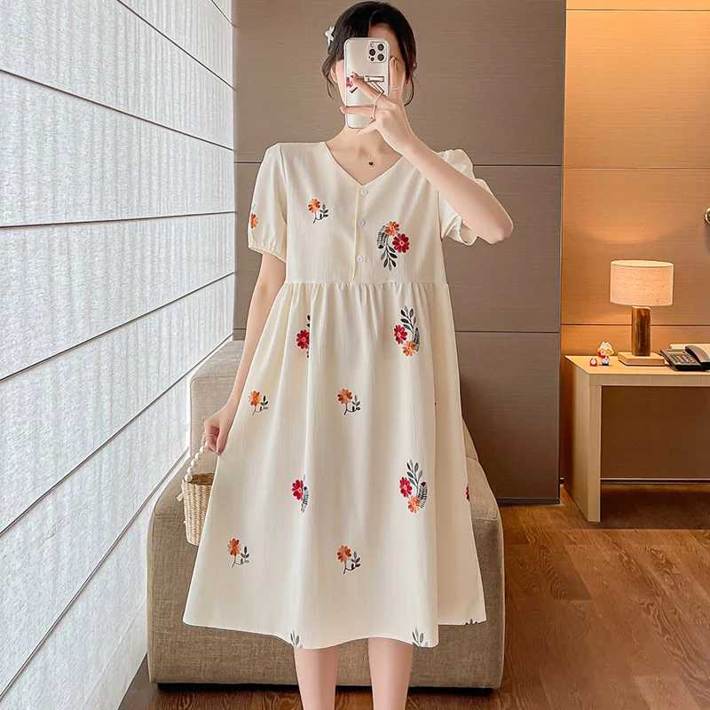 

2024 Summer Fashion Maternity Floral Dress Short Sleeve Half Button Fly Patchwork High Waist Pregnant Woman Chiffon Dress Short