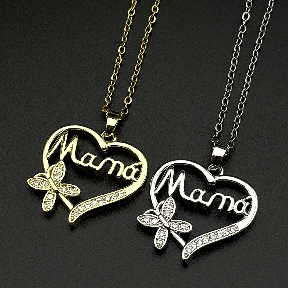 Mama Schmetterling Herz Halskette Edelstahl Goldfarben Kristall Mutter Anhänger Muttertag Schmuck Funkelnder Liebes-Charm Geschenk