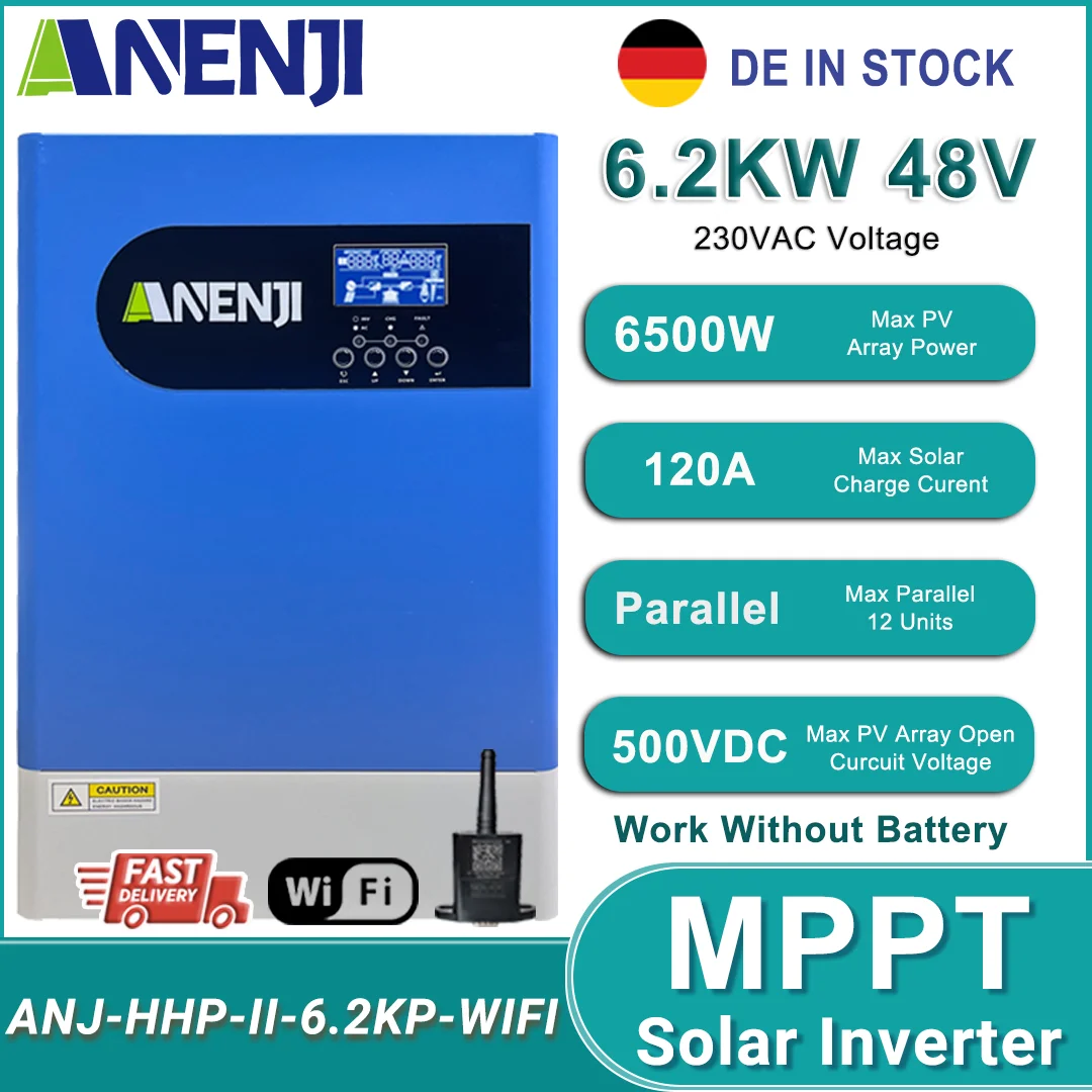 6.2KW 48V 1-phase Parallel Three-phase Hybrid Solar Inverter 230V Pure Sine Wave Inverter 120A MPPT Solar Controller PV 500VDC