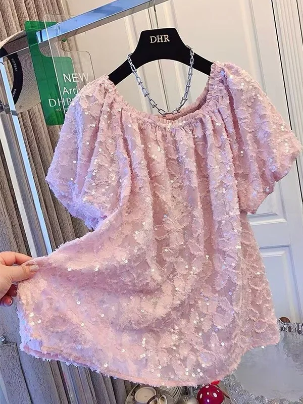 

plus Size 300 Pounds Sweet Style One Shoulder Bubble Sleeve Sequin Short Sleeve Shirt Doll Girl Summer French Style Loose Fit...